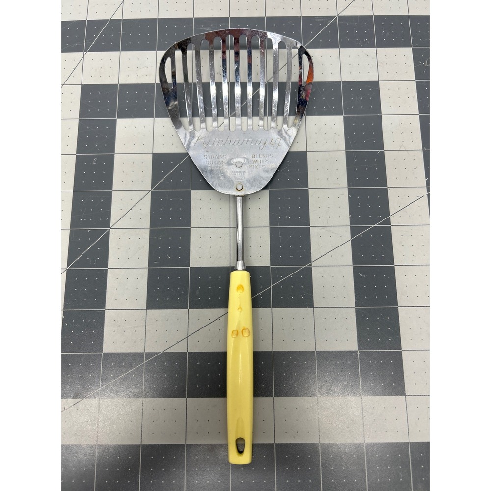 Vintage EKCO Kitchamajig Slotted Spoon Scoop 11" Yellow Plastic Handle Utensil